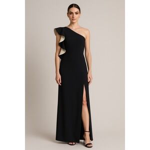 Halston Heritage Black and Cream Ruffle Maxi Dress